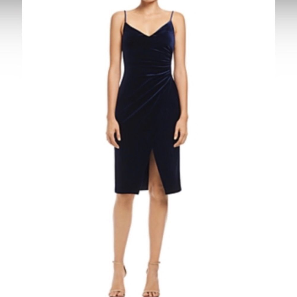 Black Halo Bowery Navy Midnight Blue Velvet Dress Faux Wrap Spaghetti Strap 4